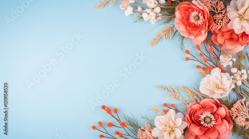 Colorful coral and pastel flowers arranged beautifully on light blue background create vibrant and cheerful atmosphere, perfect for celebrations or decor