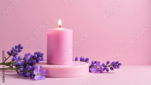 Serene Pink Candle Lit with Delicate Purple Blossoms on a Soft Background