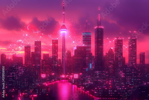 Wallpaper Mural Futuristic city skyline at sunset, glowing with vibrant pink and purple hues.  Network connections visualized above Torontodigital.ca