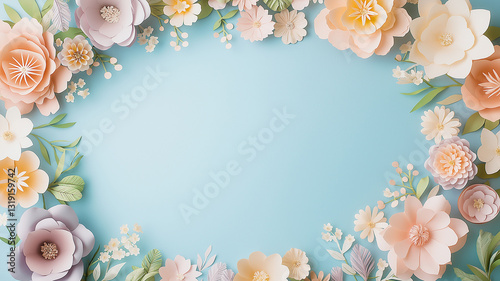 Floral frame made from paper flowers on blue background, creating vibrant and cheerful atmosphere. Perfect for invitations or decorative purposes