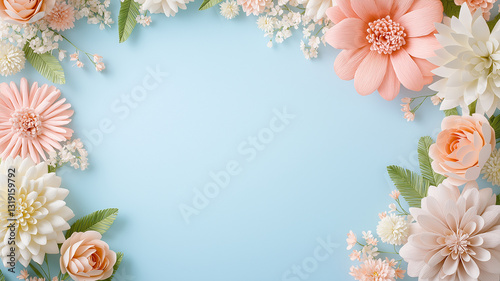 Floral frame with paper flowers in soft pastel colors on blue background, creating serene and elegant atmosphere. Perfect for invitations or decorative purposes