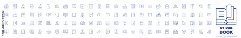 100 Book Icons Collection. Thin line icon. Editable stroke. book, world book day, audio book, recipe book, book shelf, books, open book, sketch book, quran 100 Book Icons Collection. Thin line icon. Editable stroke. book, world book day, audio book, recipe book, book shelf, books, open book, sketch book, quran