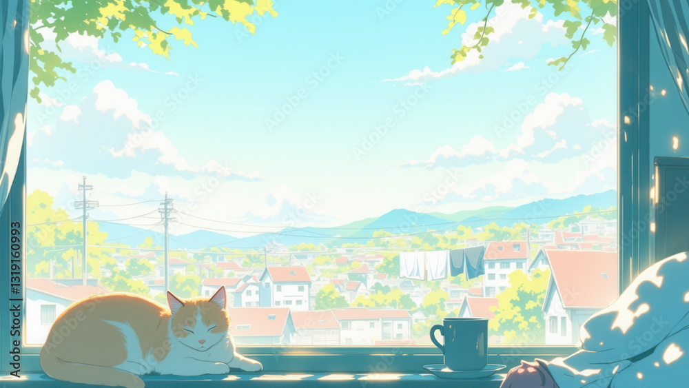 Obraz premium anime wallpaper illustration background, Cozy Morning with a Sleeping Cat by a Sunlit Window Overlooking a Scenic Town..
