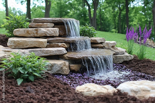 Fototapeta Naklejka Na Ścianę i Meble -  A beautiful small tiered waterfall feature in an outdoor garden