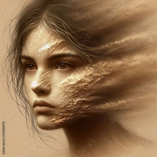 Time as Sand: Metaphorical Girl Portrait Sand Face