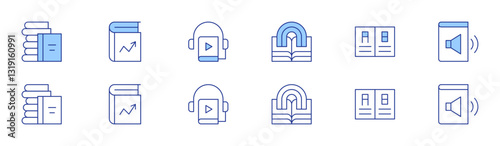 Book icon set in two styles, Duotone and Thin Line style. Editable stroke. book, audio book