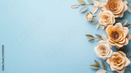 Elegant floral frame featuring paper flowers in soft peach and white tones against light blue background, perfect for invitations or decor