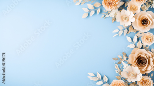 Floral frame with paper flowers on blue background, creating serene and elegant atmosphere. Perfect for invitations or decorative purposes