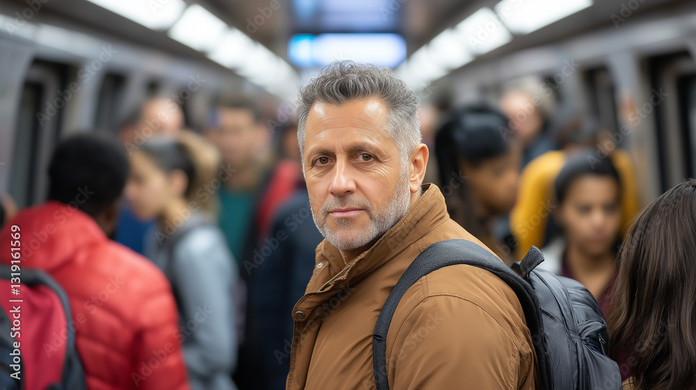 crowded subway scene featuring middle aged man looking directly at camera, surrounded by diverse commuters. atmosphere is busy and urban, capturing essence of daily travel crowded subway scene featuring middle aged man looking directly at camera, surrounded by diverse commuters. atmosphere is busy and urban, capturing essence of daily travel