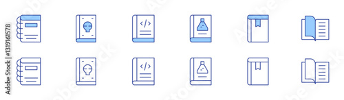 Book icon set in two styles, Duotone and Thin Line style. Editable stroke. book, spell book, science book