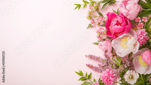 Beautiful arrangement of pink peonies and various flowers on soft pink background, creating serene and elegant atmosphere. Perfect for floral designs and decorations