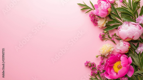 Vibrant pink peonies and assorted flowers arranged beautifully on soft pink background, creating cheerful and fresh atmosphere perfect for celebrations or decor