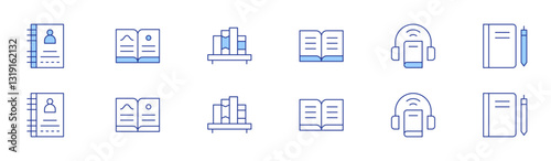 Book icon set in two styles, Duotone and Thin Line style. Editable stroke. phone book, book, book shelf, audio book, notebook