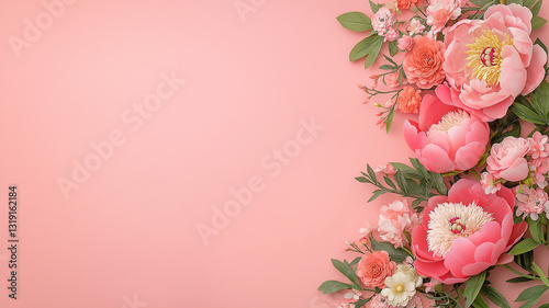 Beautiful pink peonies and other flowers arranged on soft pink background create vibrant and cheerful atmosphere, perfect for celebrations or floral designs