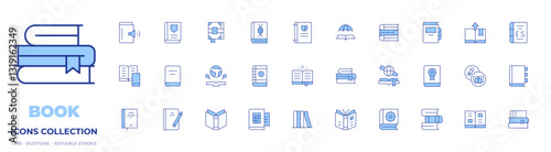 Book icons collection. Line Duotone style, editable stroke. book, books, guide book, contact book, book club, recipe book, audio book, spell book, open book