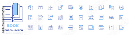 Book icons collection. Line Duotone style, editable stroke. book, magic book, audio book, design book, recipe book, world book day, open book, books, menu