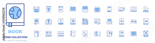 Book icons collection. Line Duotone style, editable stroke. books, world book day, book, comic book, contact book, audio book, medicine book, open book