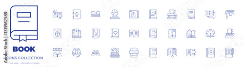 Book icons collection. Thin Line icons, editable stroke. book, audio book, world book day, cook book, medical book, contact book, science book, books