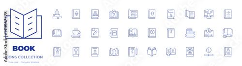 Book icons collection. Thin Line icons, editable stroke. book, comic book, medical book, record book, open book, childrens book, spell book, guideline