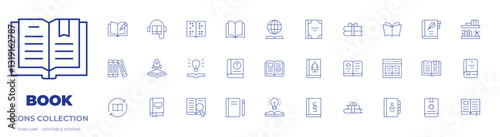 Book icons collection. Thin Line icons, editable stroke. book, recipe book, books, online book, book shelves, phone list, law, user guide, idea, knowledge