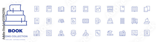 Book icons collection. Thin Line icons, editable stroke. magic book, books, audio book, recipe book, book, art book, book shelf, open book, history book