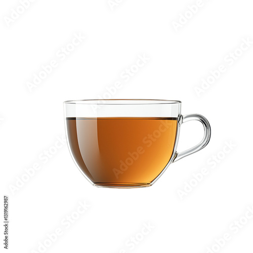 A clear glass cup filled with warm brown tea, showcasing its rich color and smooth surface. isolated on white background.