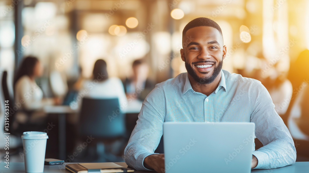 Smiling man working on laptop in modern office environment, surrounded by colleagues. atmosphere is bright and collaborative, showcasing productive workspace Smiling man working on laptop in modern office environment, surrounded by colleagues. atmosphere is bright and collaborative, showcasing productive workspace
