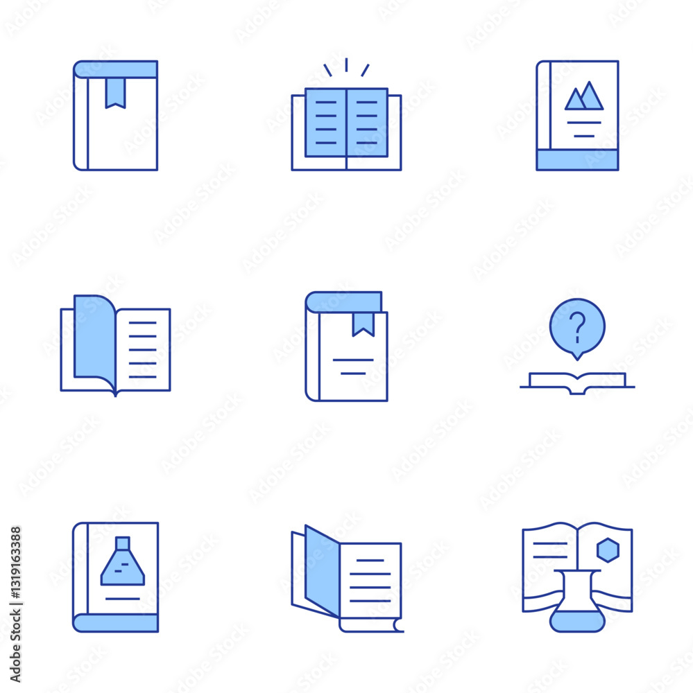 Book icons set. Line Duotone style, editable stroke. book, science book, reading book, question Book icons set. Line Duotone style, editable stroke. book, science book, reading book, question