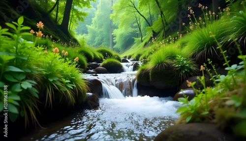 A charming view of green plants in the mountains and flowing spring water.