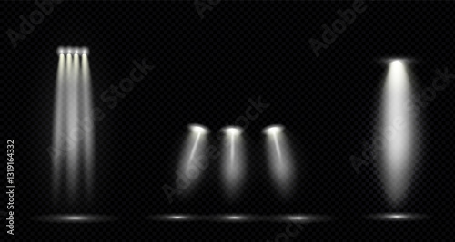Glow effect with white rays and beams. Scene floodlight spotlight stage beam. Abstract light from a lamp or spotlight on a transparent background. Illuminated scene. Vector illustration. PNG