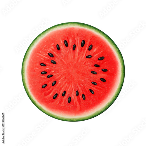 A vibrant, sliced watermelon showcasing its juicy red flesh, dark seeds, and green rind. isolated on white background.