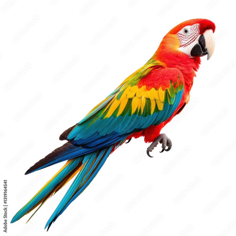 Fototapeta premium A vibrant, multicolored parrot showcasing bright red, yellow, green, and blue feathers. isolated on white background.