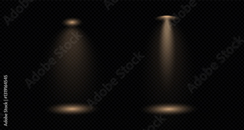 Bright spotlights with warm light and sparkle. An isolated lighting effect for concerts, stage sets, circuses, theatres, parties and shows. An abstract, festive design element. PNG