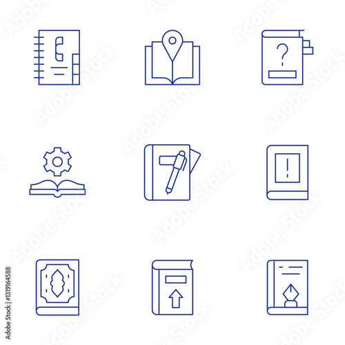 Book icons set. Thin Line style, editable stroke. book, design book, contact book, manual book, quran, guide book, diary, upload