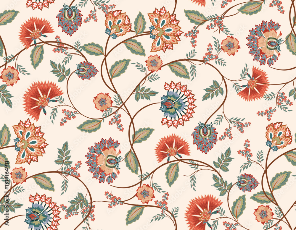 TTrendy stylish Hand drawn  floral pattern with paisley and indian flower motifs pattern
