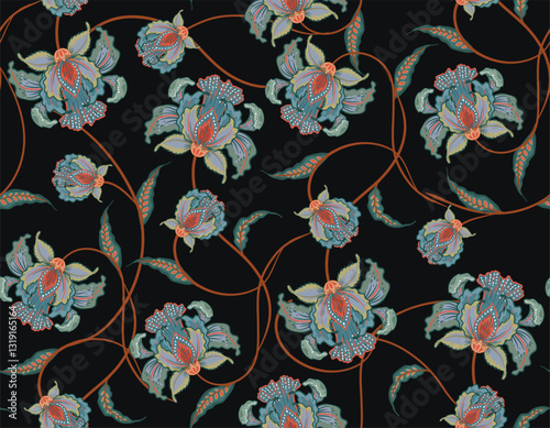 TTrendy stylish Hand drawn  floral pattern with paisley and indian flower motifs pattern