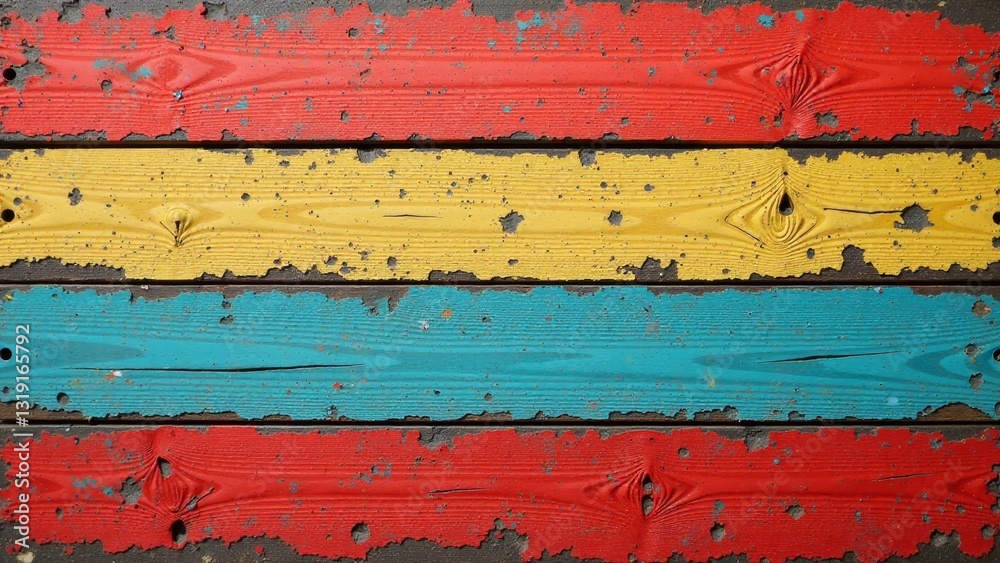 Striped Wooden Planks with Distressed Paint in Vibrant Hues of Red, Yellow, and Teal Striped Wooden Planks with Distressed Paint in Vibrant Hues of Red, Yellow, and Teal