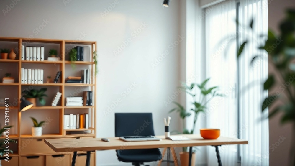 A zoom background photo of a minimalist modern office with a bookshelf and plants A zoom background photo of a minimalist modern office with a bookshelf and plants