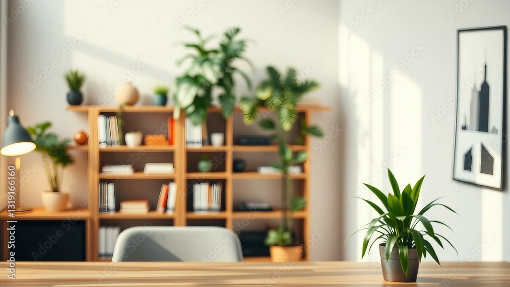 A zoom background photo of a minimalist modern office with a bookshelf and plants A zoom background photo of a minimalist modern office with a bookshelf and plants