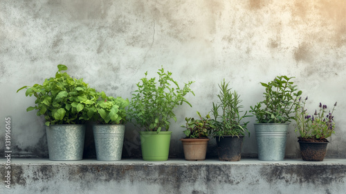 fresh herbs in a pot on concreat wall photo