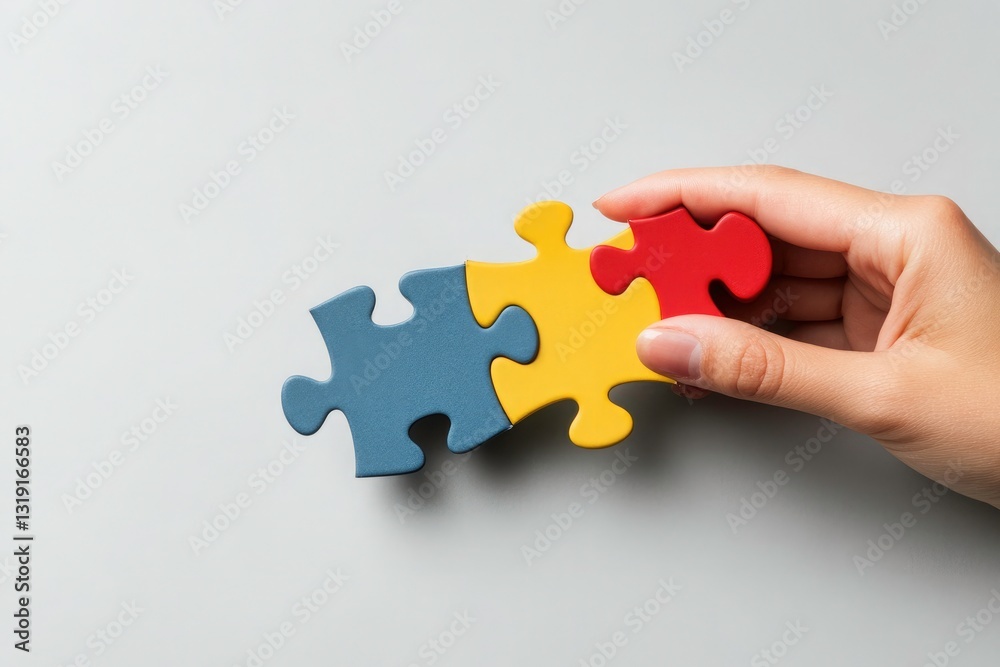 A hand fitting a red puzzle piece, completing a multi-colored puzzle. A hand fitting a red puzzle piece, completing a multi-colored puzzle.