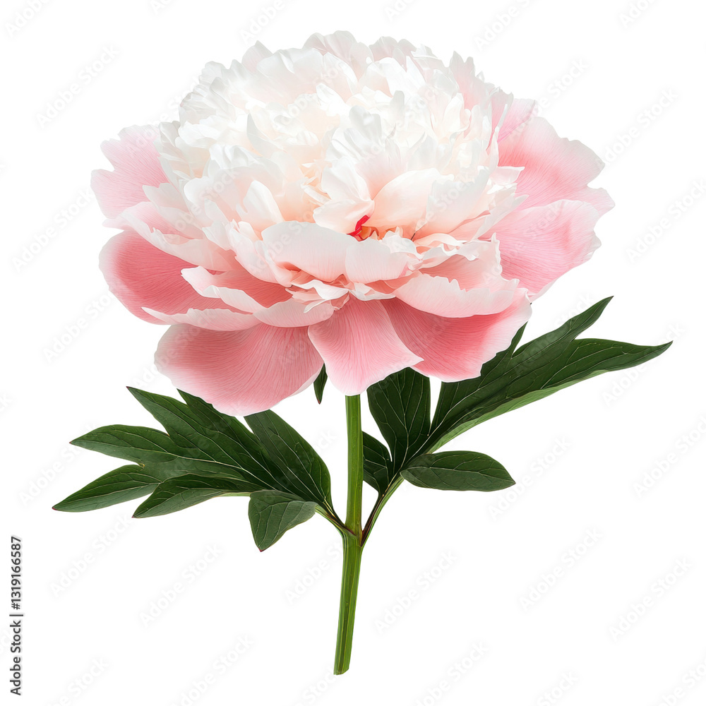 A beautiful pink peony flower with delicate petals and green leaves. isolated on white background. A beautiful pink peony flower with delicate petals and green leaves. isolated on white background.