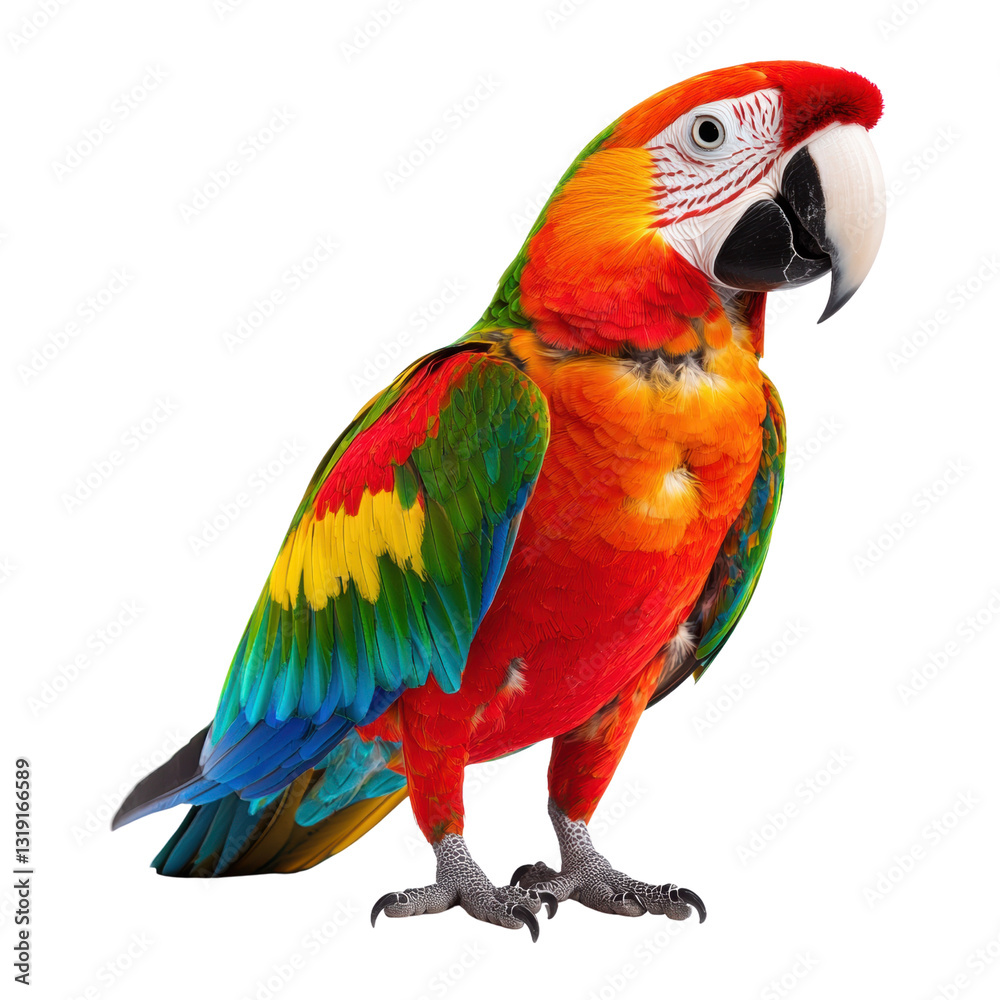 Fototapeta premium A vibrant, multicolored parrot displaying a striking array of feathers, showcasing bright reds, greens, and yellows. isolated on white background.