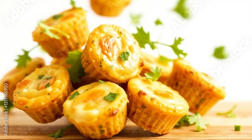 Egg Mini Muffins with Cheese and Herbs Falling Dynamically on the Table photo