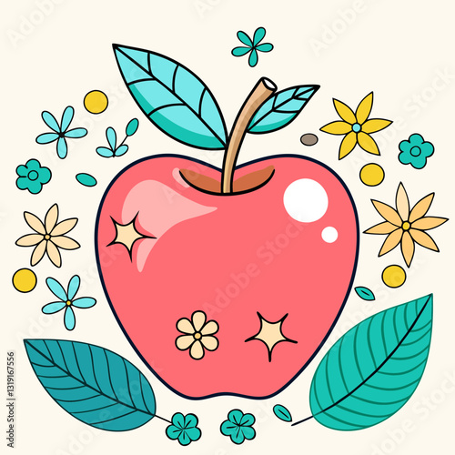 Red apple icon surrounded by flowers, freshness concept