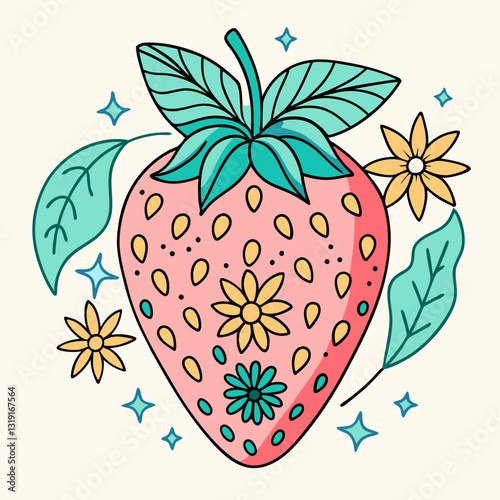 Red strawberry icon with flowers, vibrant nature concept