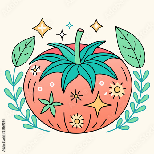 Whimsical tomato icon with leaves, vibrant nutrition concept