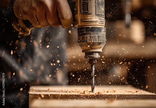 A close-up photograph of a woodworker using a power drill to drill a hole in a wooden plank. The woodworker's hand is visible, holding the drill, and the plank is covered in sawdust.