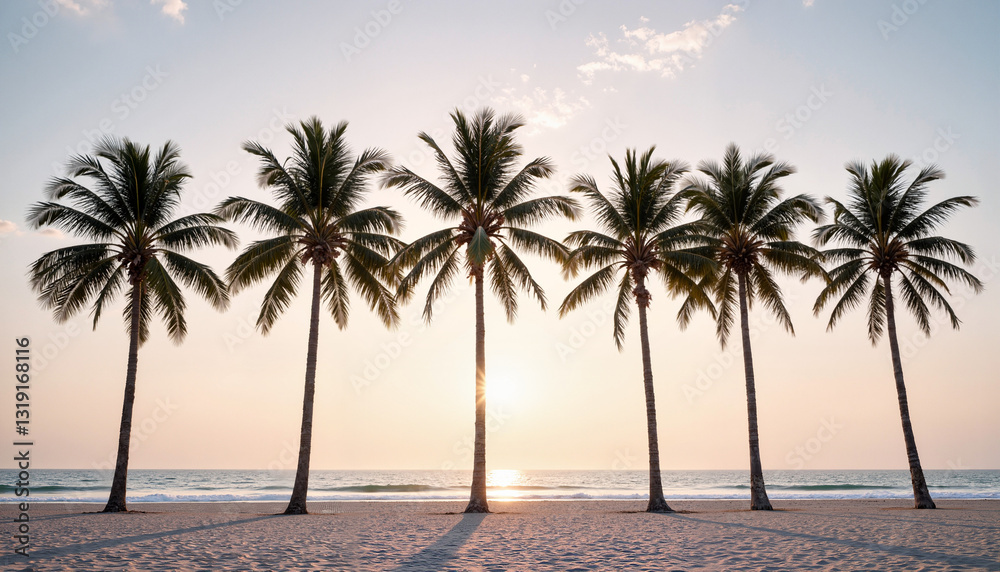 Row of palm trees at beach sunset for use in travel blogs, vacation websites, tropical designs, scenic posters, greeting cards, resort marketing, and relaxation-themed content Row of palm trees at beach sunset for use in travel blogs, vacation websites, tropical designs, scenic posters, greeting cards, resort marketing, and relaxation-themed content