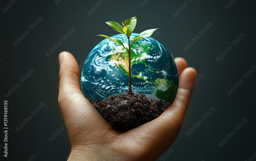 A vibrant, symbolic illustration of a hand holding a green Earth with a growing plant, representing global environmental efforts, ecoconscious design, highresolution A vibrant, symbolic illustration of a hand holding a green Earth with a growing plant, representing global environmental efforts, ecoconscious design, highresolution